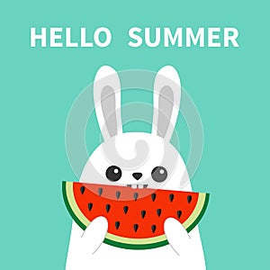 White bunny rabbit head face holding eating watermelon slise. Big ears. Cute kawaii cartoon funny character. Hello summer. Baby gr