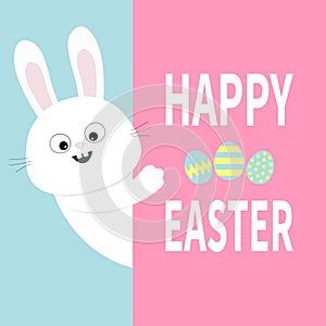 White bunny rabbit holding big signboard. Cute cartoon funny animal hiding behind paper. Happy Easter. Lettering text. Painting eg