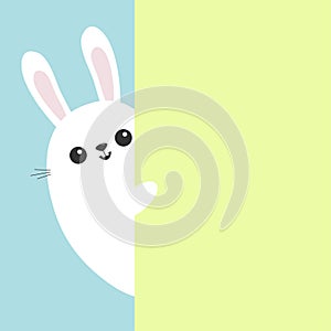 White bunny rabbit holding green wall signboard. Cute cartoon funny animal hiding behind paper. Happy Easter symbol. Peekaboo. Fla