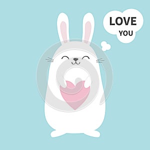 White bunny rabbit holding heart. Talking thinking bubble. Love you sticker. Funny head face. Cute kawaii cartoon character. Baby