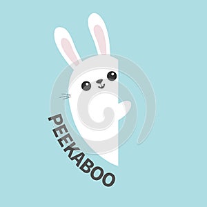 White bunny rabbit holding wall signboard. Cute cartoon funny animal hiding behind paper. Happy Easter symbol. Peekaboo text. Flat