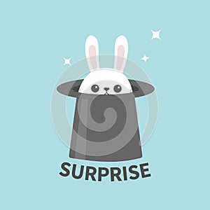 White bunny rabbit in magic hat. Sining stars. Funny head face icon. Surprise. Big ears. Cute kawaii cartoon character. Baby greet