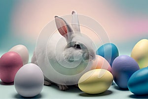 White Bunny Sitting Next To Several Colorful Easter Eggs - Generative AI