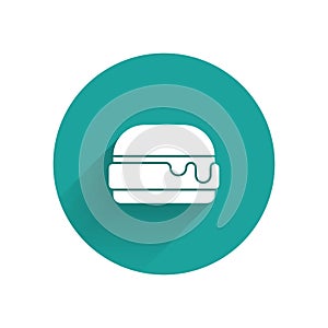 White Burger icon isolated with long shadow. Hamburger icon. Cheeseburger sandwich sign. Fast food menu. Green circle