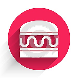 White Burger icon isolated with long shadow. Hamburger icon. Cheeseburger sandwich sign. Fast food menu. Red circle