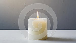 White burning candle white table. Gray backdrop