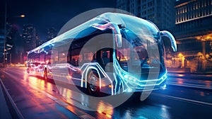 White bus moving fast on the road in a modern city with light effect Generative AI