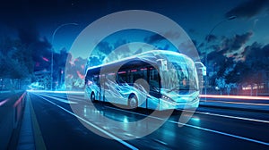 White bus moving fast on the road in a modern city with light effect Generative AI