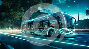 White bus moving fast on the road in a modern city with light effect Generative AI