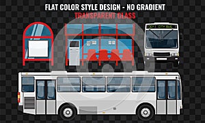 White bus. Side and front view. Cool modern flat design public transport. Bus stop structure and city bus