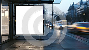 White bus stop billboard poster in a station with cars in moving in the background, Front view, mockup concept blank poster, city