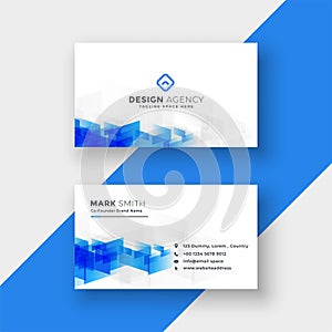 White business card with abstract blue shapes