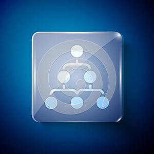 White Business hierarchy organogram chart infographics icon isolated on blue background. Corporate organizational