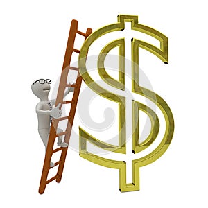 White business man climbs the ladder to gold dollar symbol