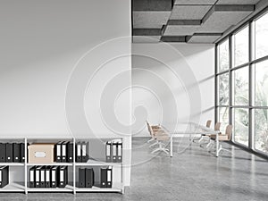 White business meeting room interior with table and chairs, shelf. Mock up wall