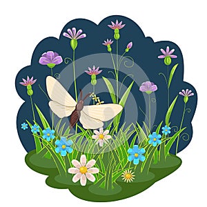 White butterfly on the background of a night landscape. Flowers, grass meadow. Cartoon style. Bright beautiful
