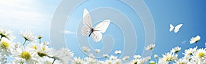 White butterfly in a blue sky with white daisies