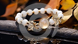 White Butterfly Bracelet With Gold Bow And Leaves