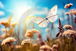 white butterfly in the field by the blue sky