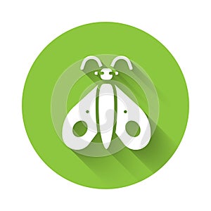 White Butterfly icon isolated with long shadow. Green circle button. Vector