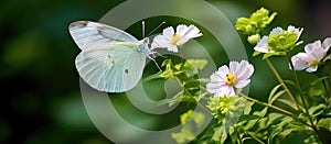White butterfly perches on white flower, acting as a pollinator in the garden