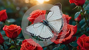 white butterfly spread its wings among roses
