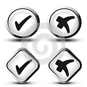White buttons with black simple check mark symbols, square and circle buttons