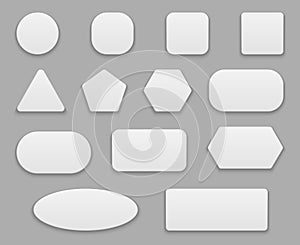 White buttons. Blank tags, white clear badge. Round square circle application button plastic 3d vector isolated shapes