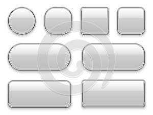 White buttons chrome frame. 3d realistic web glass elements oval rectangle square circle chrome white button interface