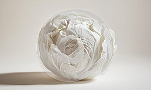 A white cabbage is sitting on a white surface