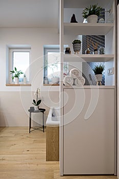 White cabinet in bathroom of house