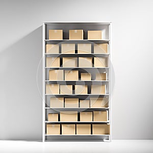 White cabinet with closed cardboard boxes on white