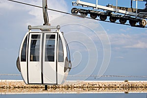 White cable car empty, blue sky
