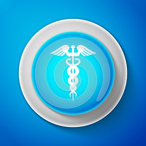 White Caduceus medical symbol icon isolated on blue background. Medicine and health care concept. Emblem for drugstore