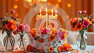 Floral 75th Birthday Cake with Number Candles and Warm Decor. Generative AI photo