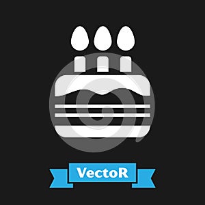 White Cake with burning candles icon isolated on black background. Happy Birthday. Vector