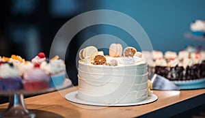 White cake with dehydrated fruits and cookies on a table full of cupcakes and sweets