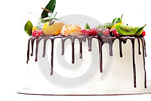 white cake drenched in chocolate and decorated with berries on an isolated white background.