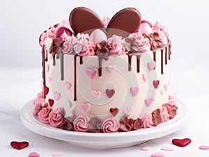 White cake with floral and sprinkle decorations. A white cake decorated with festive pink and red roses and colorful