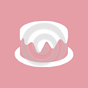 White Cake logo of bakery. Cupcake dessert on pink background