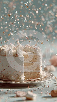A white cake with a piece missing and sprinkles on top