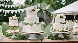 white cake Three white wedding cakes with different tiers and shapes on a long table. Outdoor party