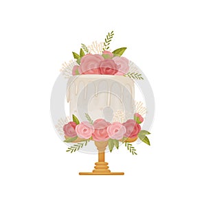 White cake with white icing on wooden stand with leg. Vector illustration on white background.