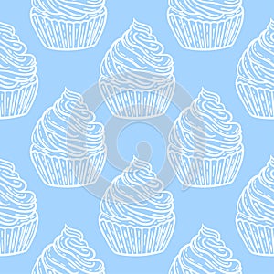 White cakes on blue sky background seamless pattern
