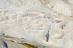 White calcium mountain with granite with small waterfall in summer in Pamukkale