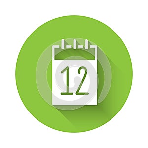 White Calendar 12 june icon isolated with long shadow. Russian language 12 june Happy Russia Day. Green circle button