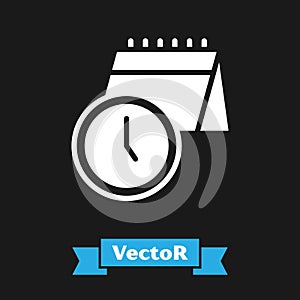 White Calendar and clock icon isolated on black background. Schedule, appointment, organizer, timesheet, time management