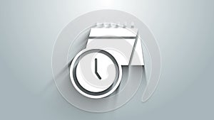 White Calendar and clock icon isolated on grey background. Schedule, appointment, organizer, timesheet, time management