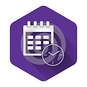 White Calendar and clock icon isolated with long shadow. Schedule, appointment, organizer, timesheet, time management