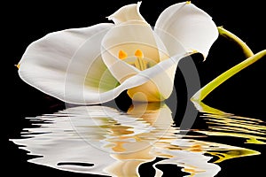 White Calla Lilly flower  on a black background reflectionin water. Generative AI, Generative, AI photo